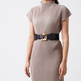 Black elastic-backed belt with distended buckle